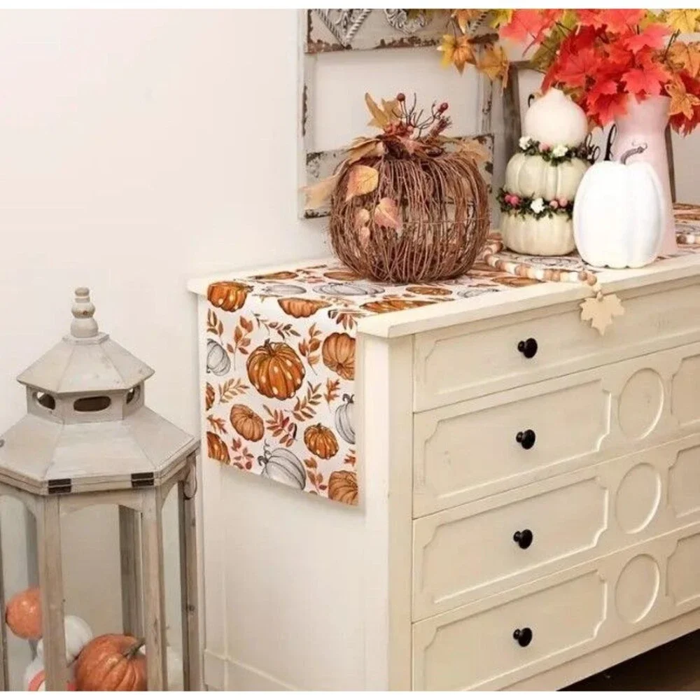 Fall Table Runner 13x72in Woven Polyester Pumpkins Leaves